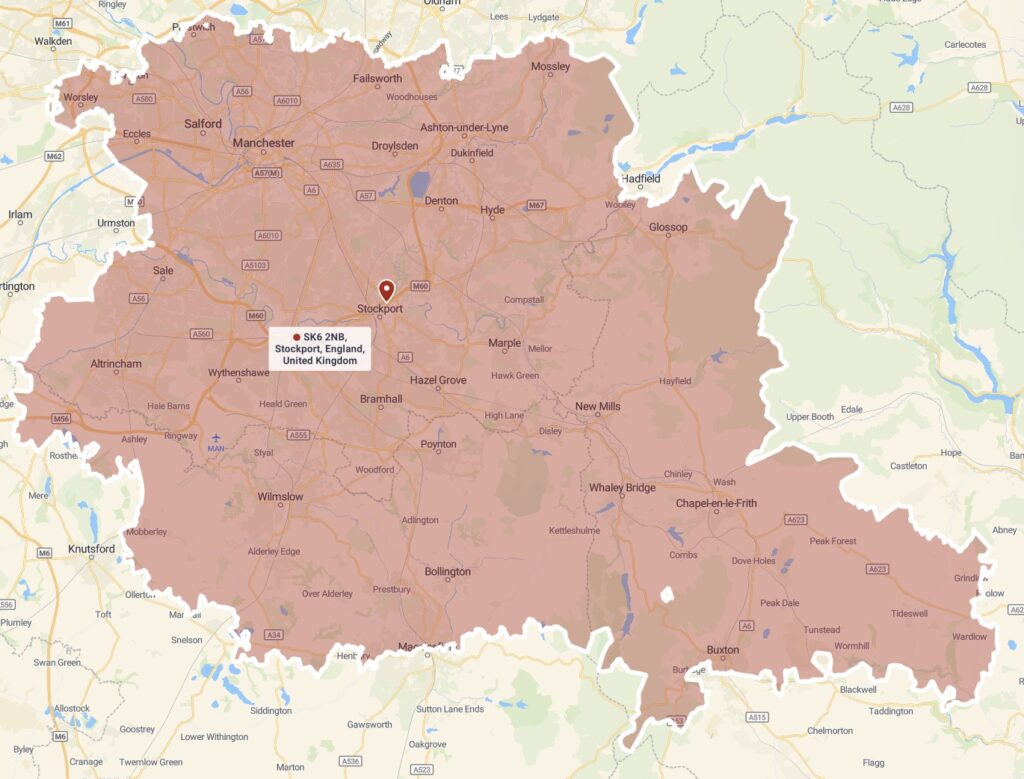 Map showing Richard & Richard’s kitchen, bathroom, bedroom and home office service area around Stockport, Greater Manchester and Cheshire.