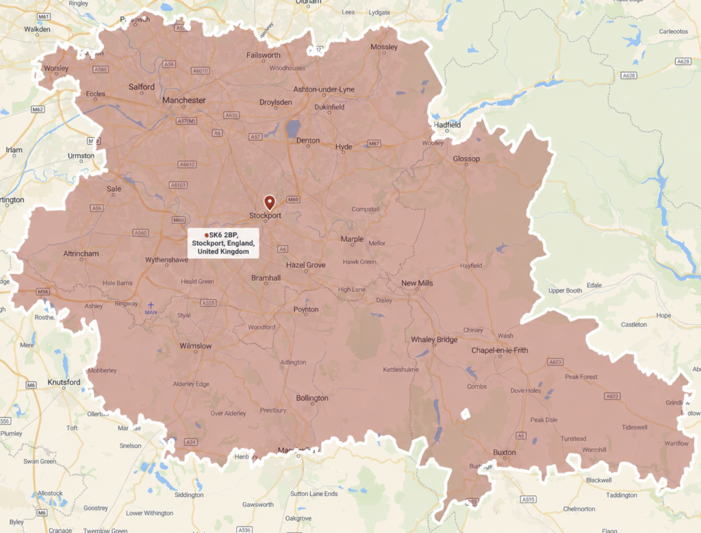 Map showing Richard & Richard’s kitchen, bathroom, bedroom and home office service area around Stockport, Greater Manchester and Cheshire.